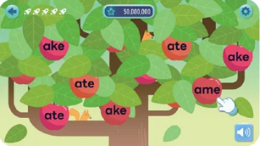 2단계 CVC 조합 — 나무에 달린 ake, ate 열매를 고르는 게임 화면