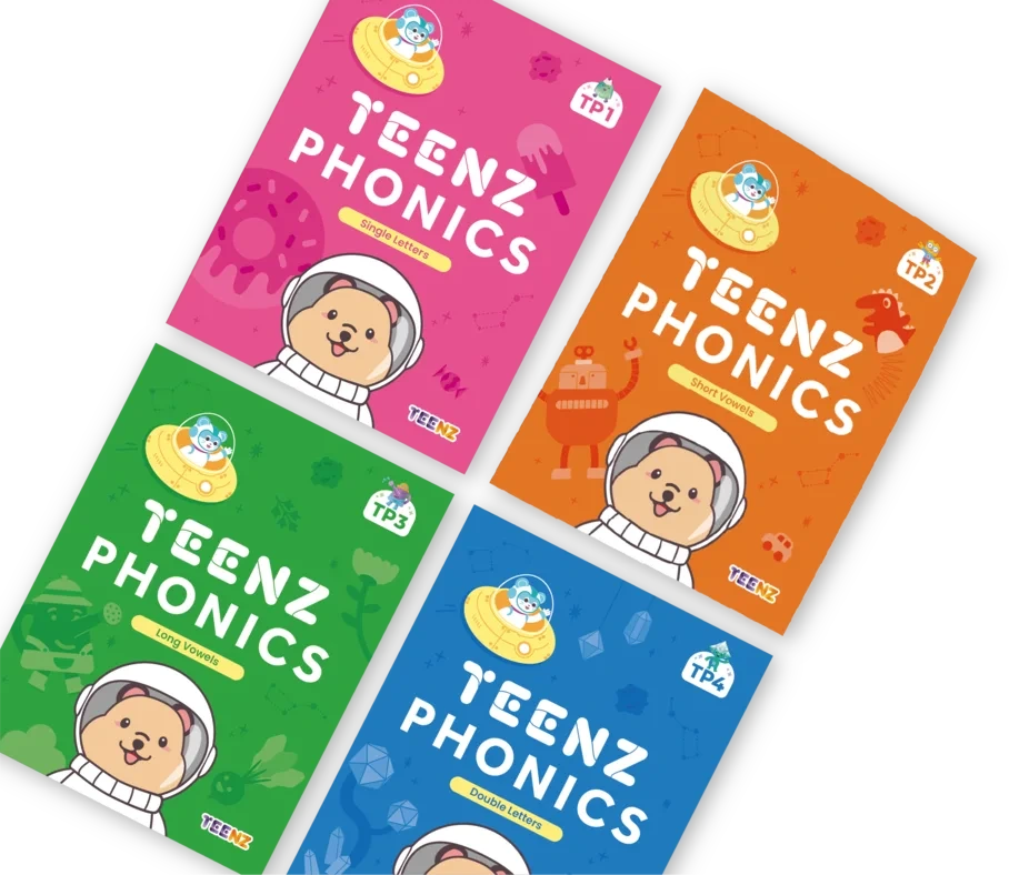 TEENZ PHONICS 교재 표지 네 권이 펼쳐진 이미지